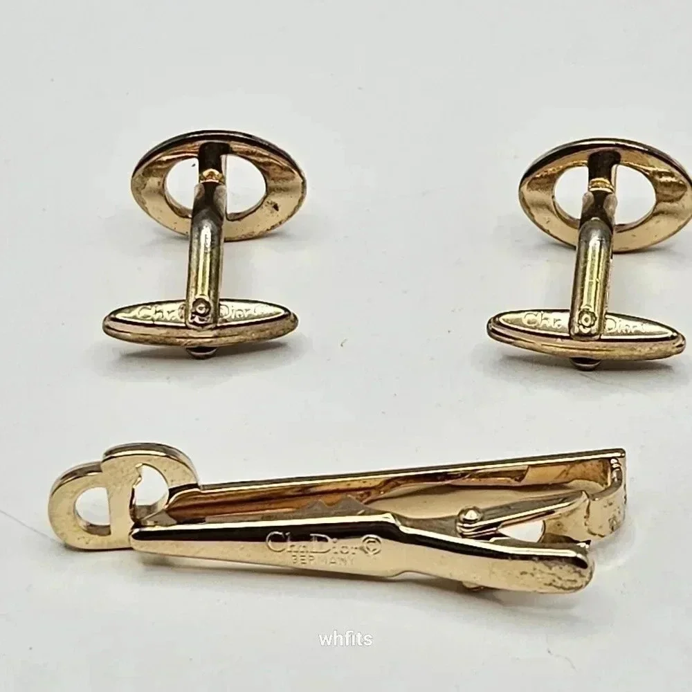Christian Dior Gold Tone Cufflinks and Tie Bar Set
